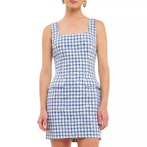 ENDLESS ROSE Blue White Sequin Tweed Mini Tank Dress S - Picture 1 of 9